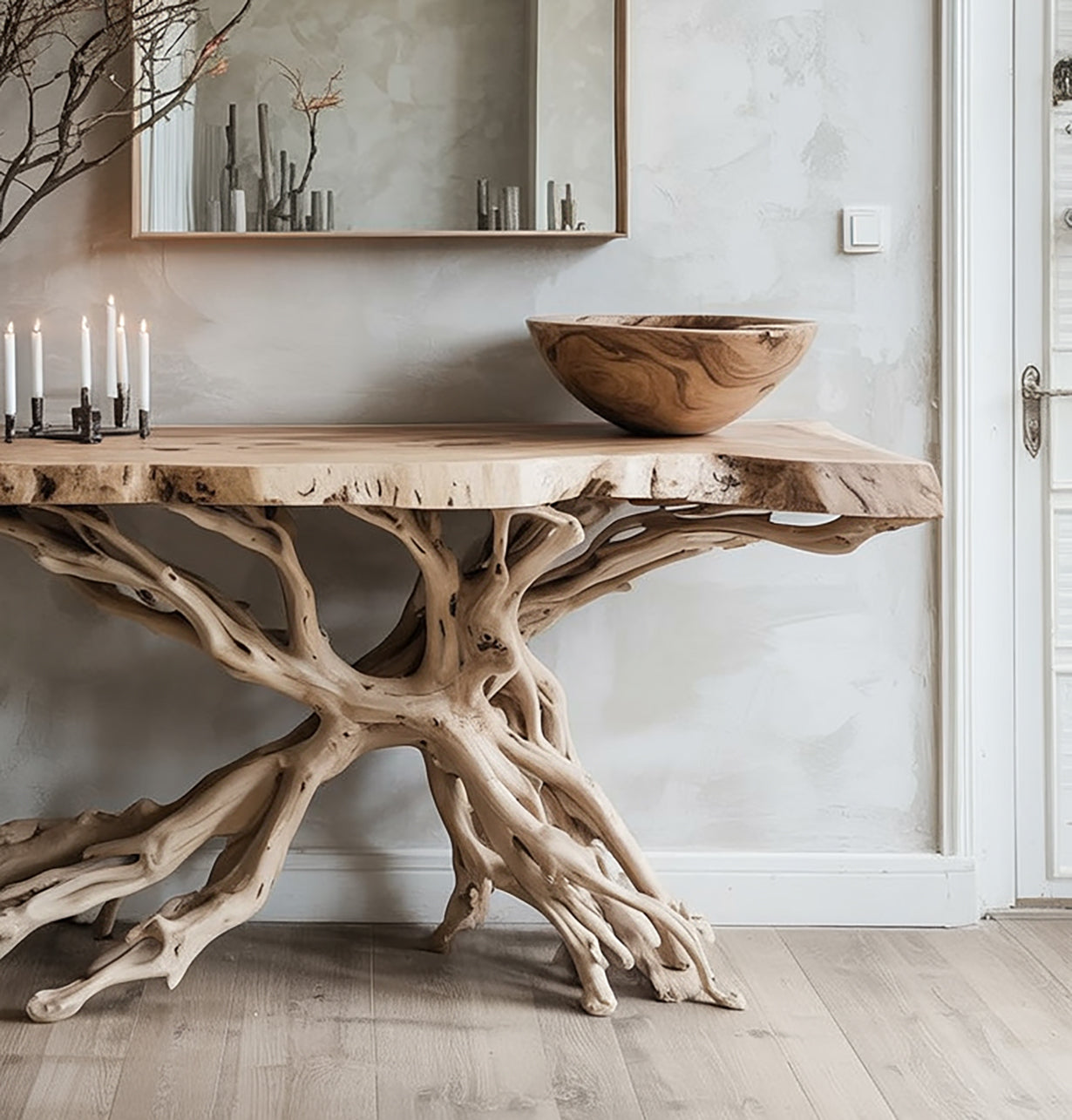 Rustic wooden console table with natural root base, wooden bowl, candles, and mirror in minimalist room