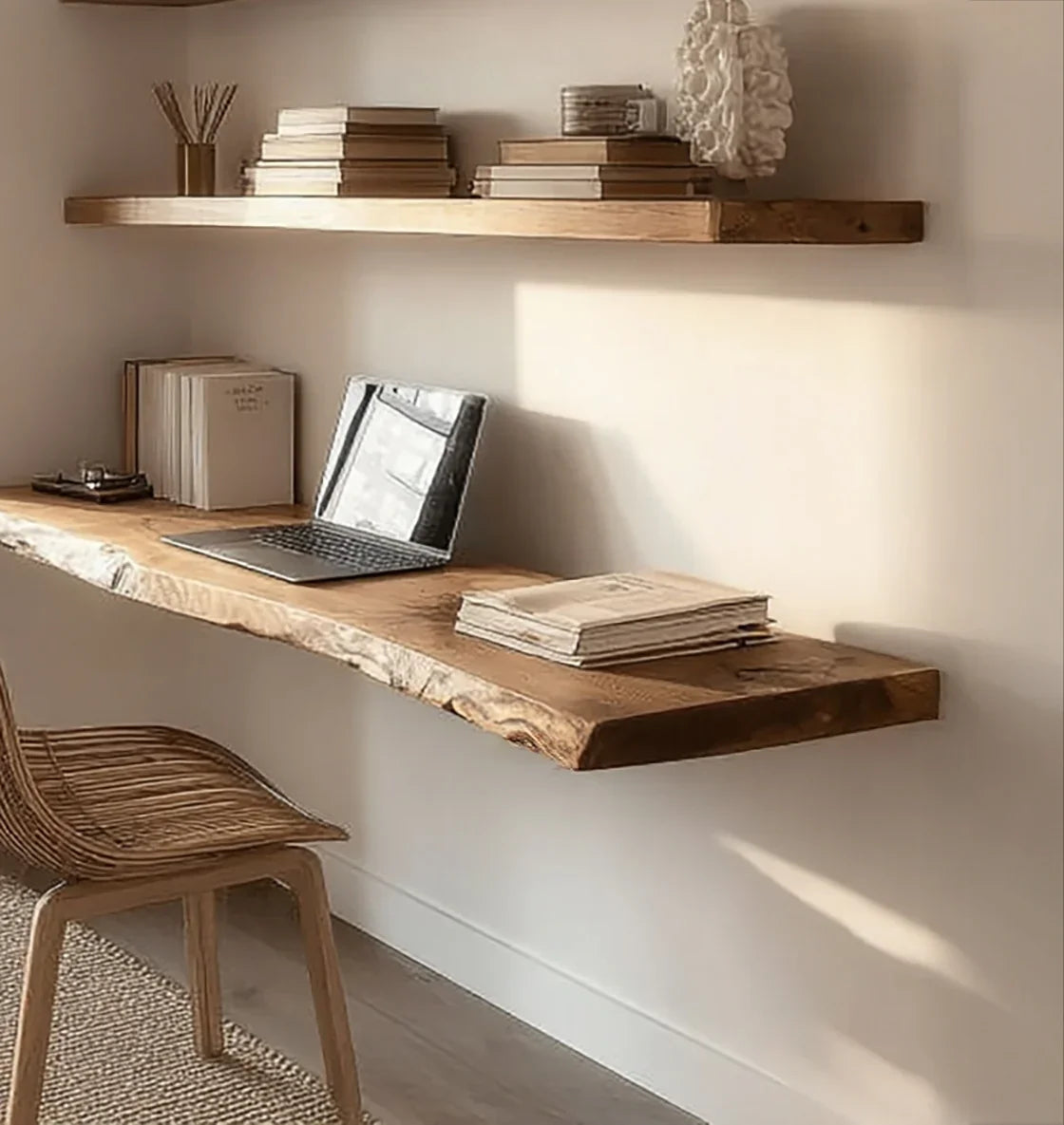 Minimalist home office with floating wooden desk and shelf, laptop, books, and rattan chair