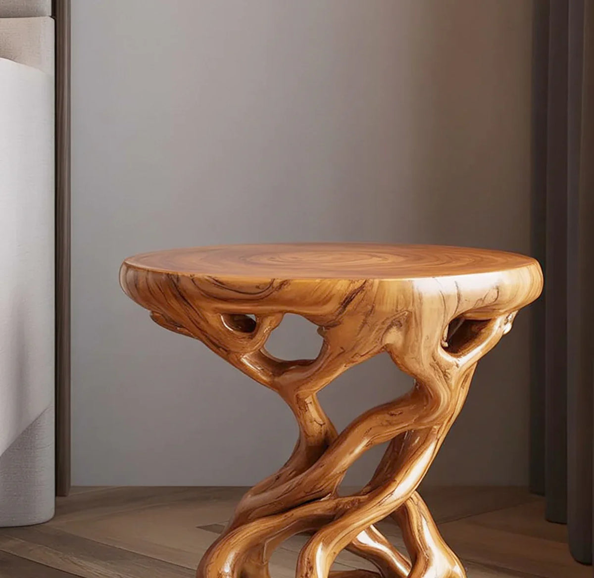 Elegant round wooden side table with natural twisted wood base in modern room