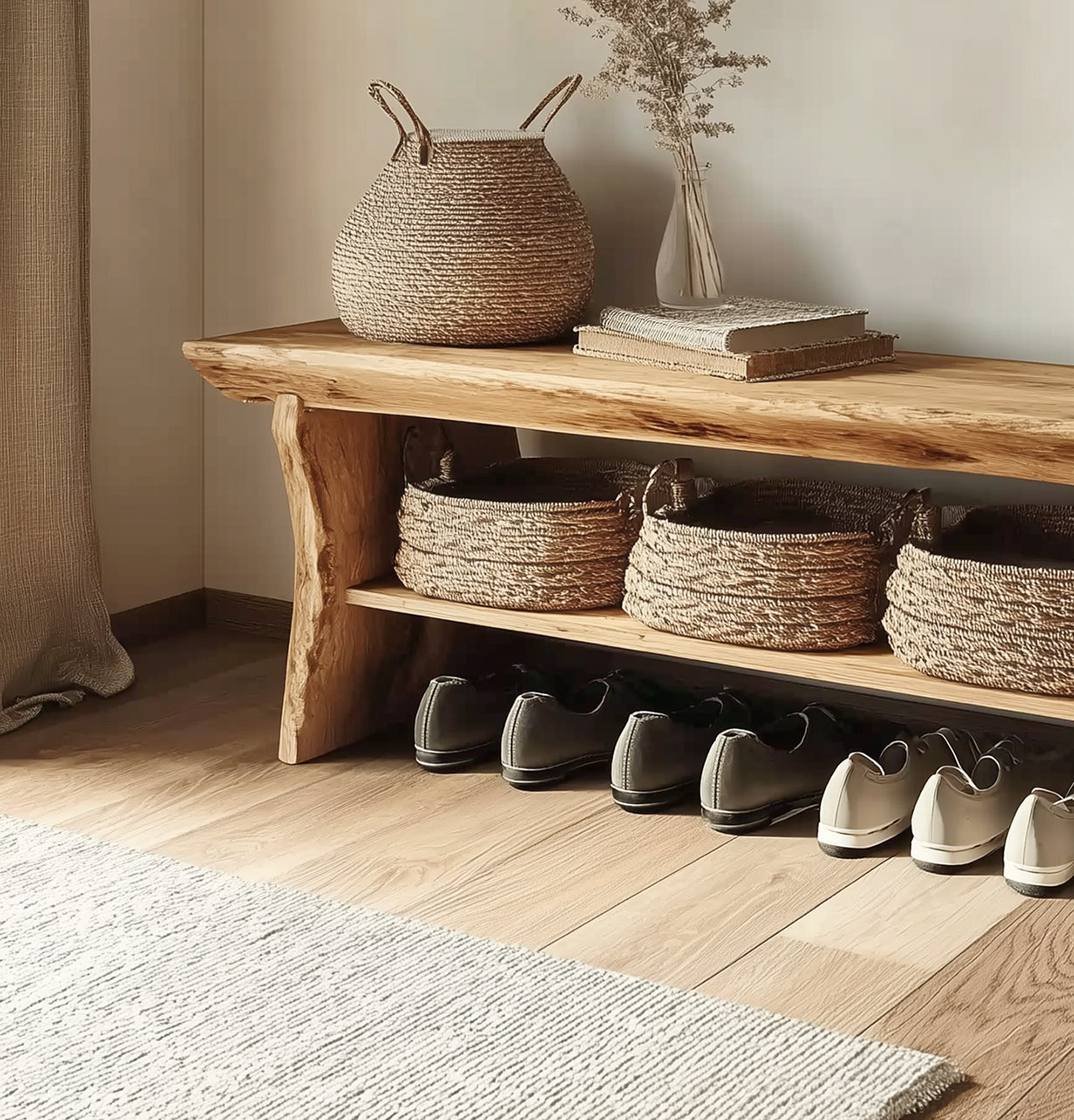 Rustic wooden bench with woven baskets, dried flowers in vase, books, and shoes neatly arranged