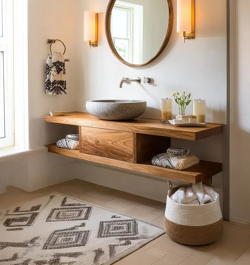 Modern bathroom with live edge wooden vanity, stone vessel sink, round mirror, and cozy decor