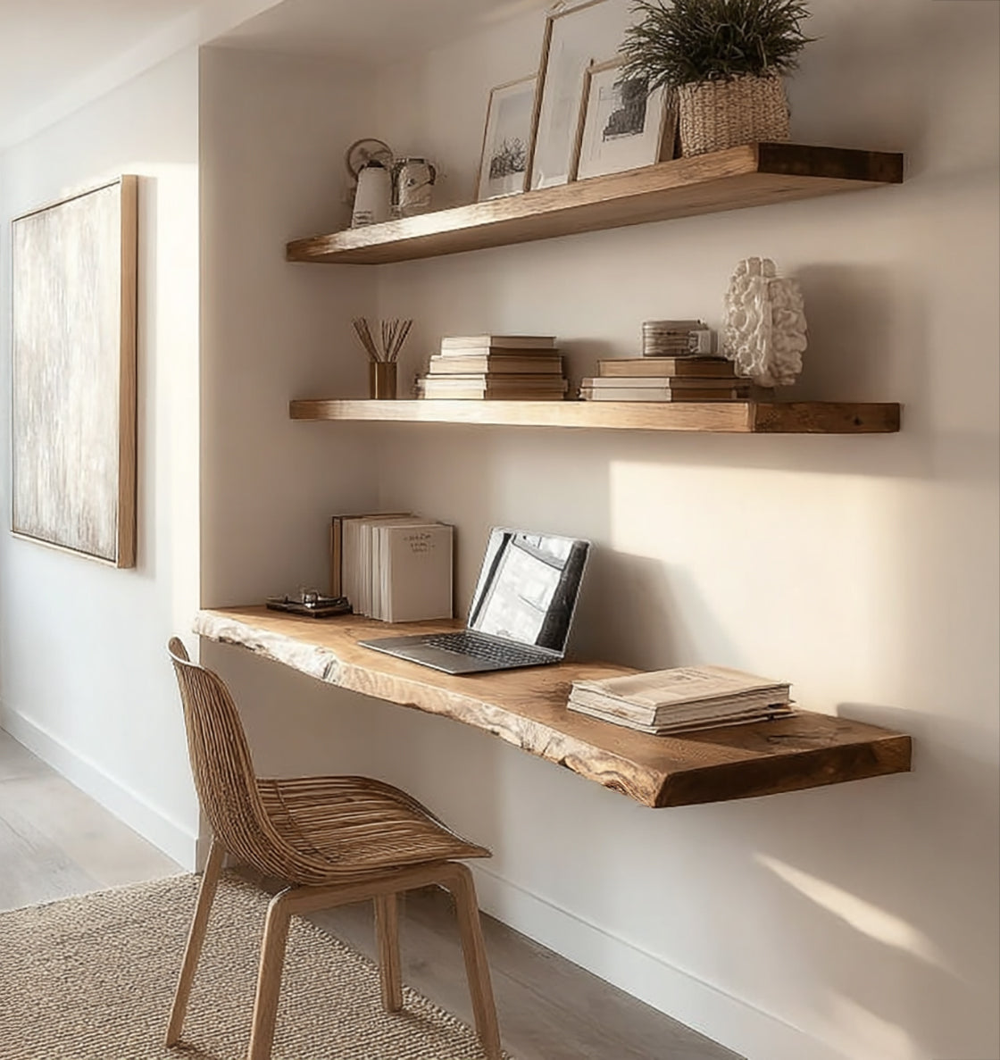 Minimalist home office with floating wooden shelves, natural wood desk, wicker chair, and laptop
