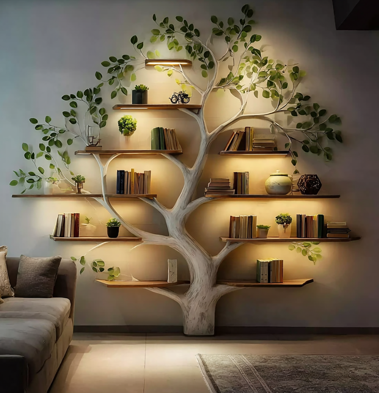 Modern living room wall shelf designed as a white tree with green leaves, holding books and decorative plants