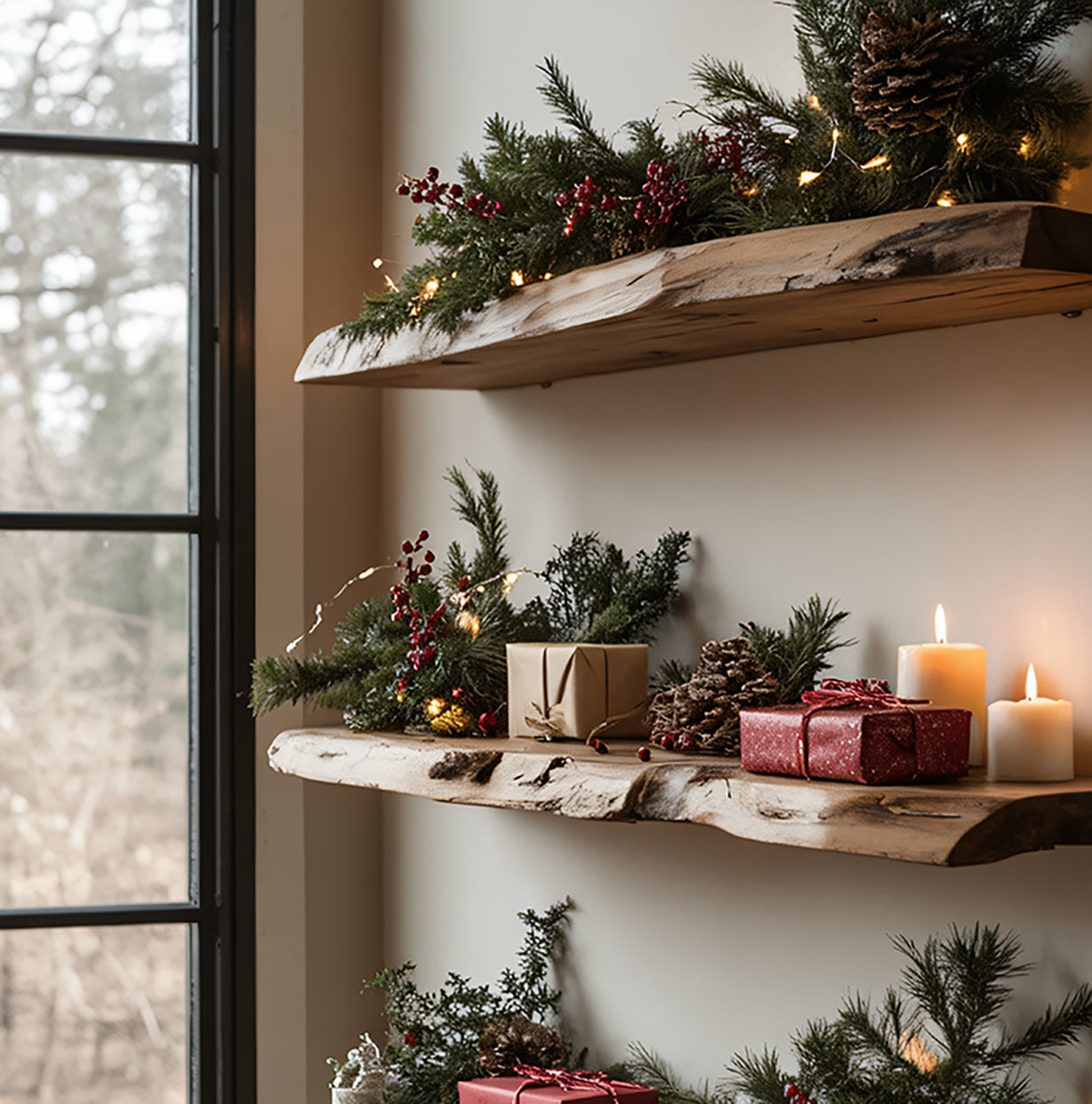 Rustic wooden shelves with Christmas greenery, pine cones, wrapped gifts, and lit candles by window