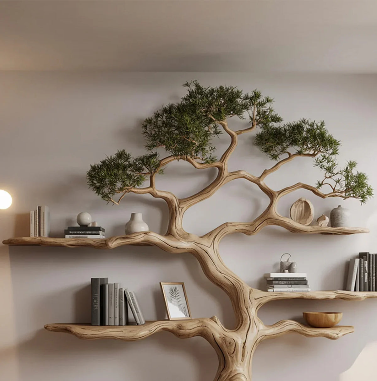 Wooden tree-shaped wall shelves with green foliage, books, vases, and decorative items in modern living room