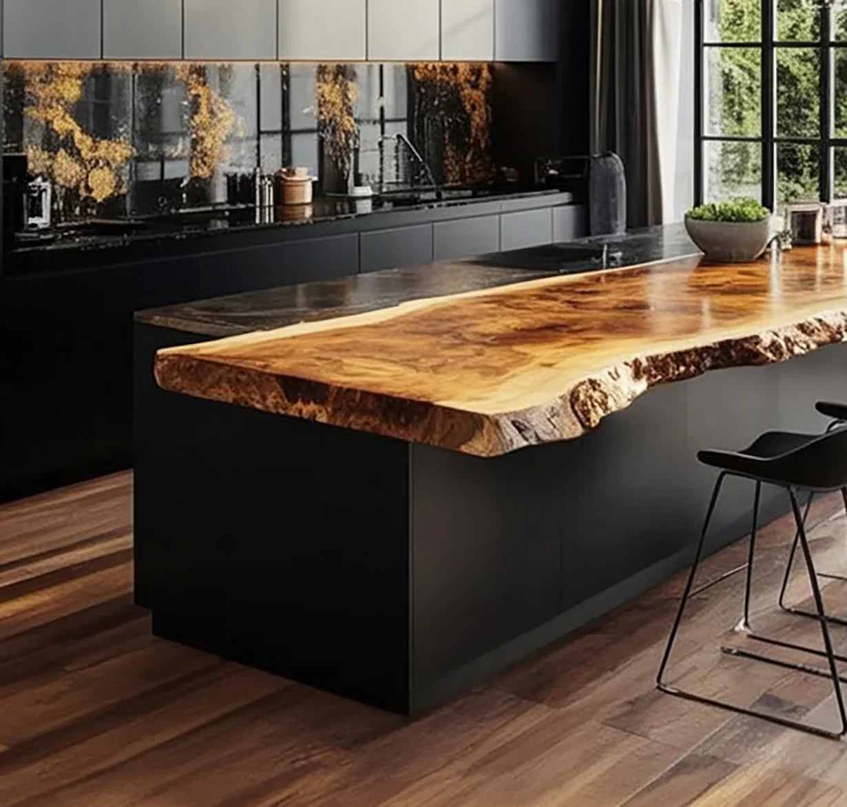 Live edge solid wood kitchen island with modern black base in contemporary kitchen