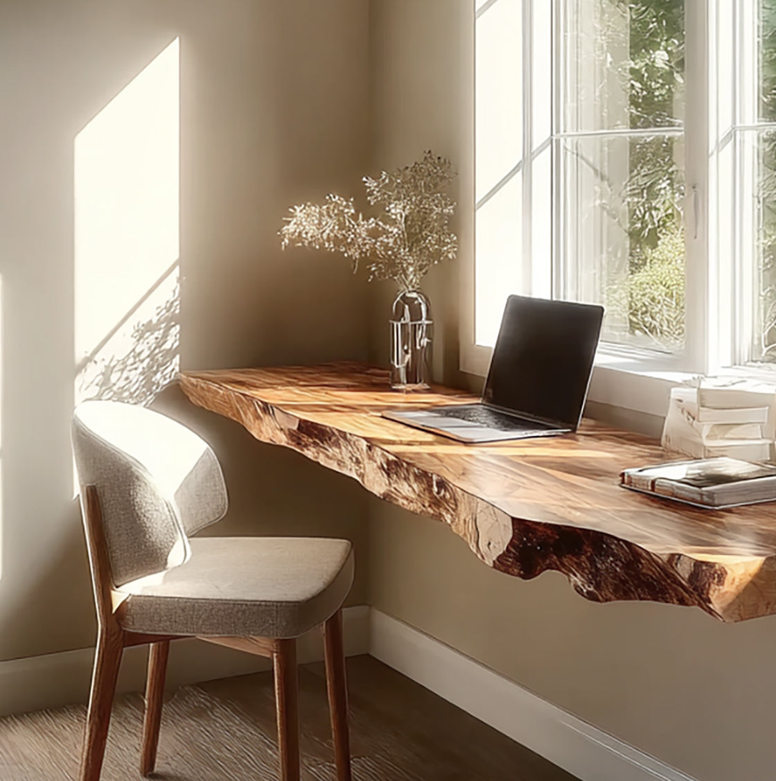 Floating Live Edge Desk – Wall Mounted Solid Wood Desk, Rustic Modern Home Office Table