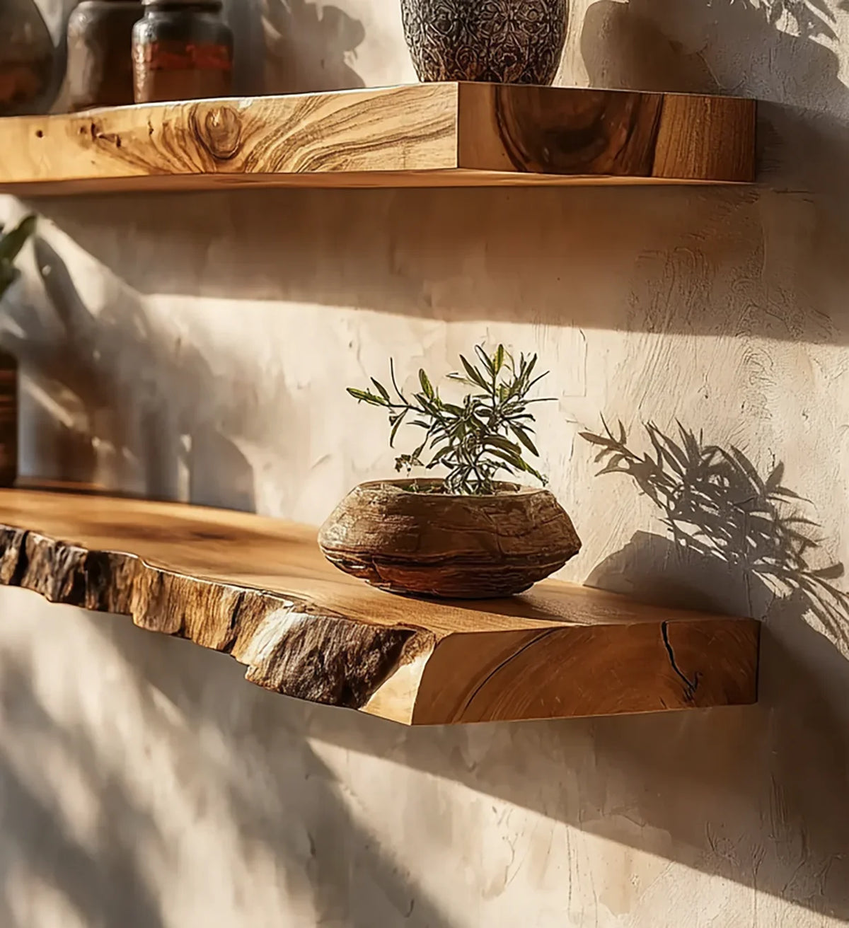 Live edge wooden floating shelves with a small rustic planter casting shadows on textured beige wall