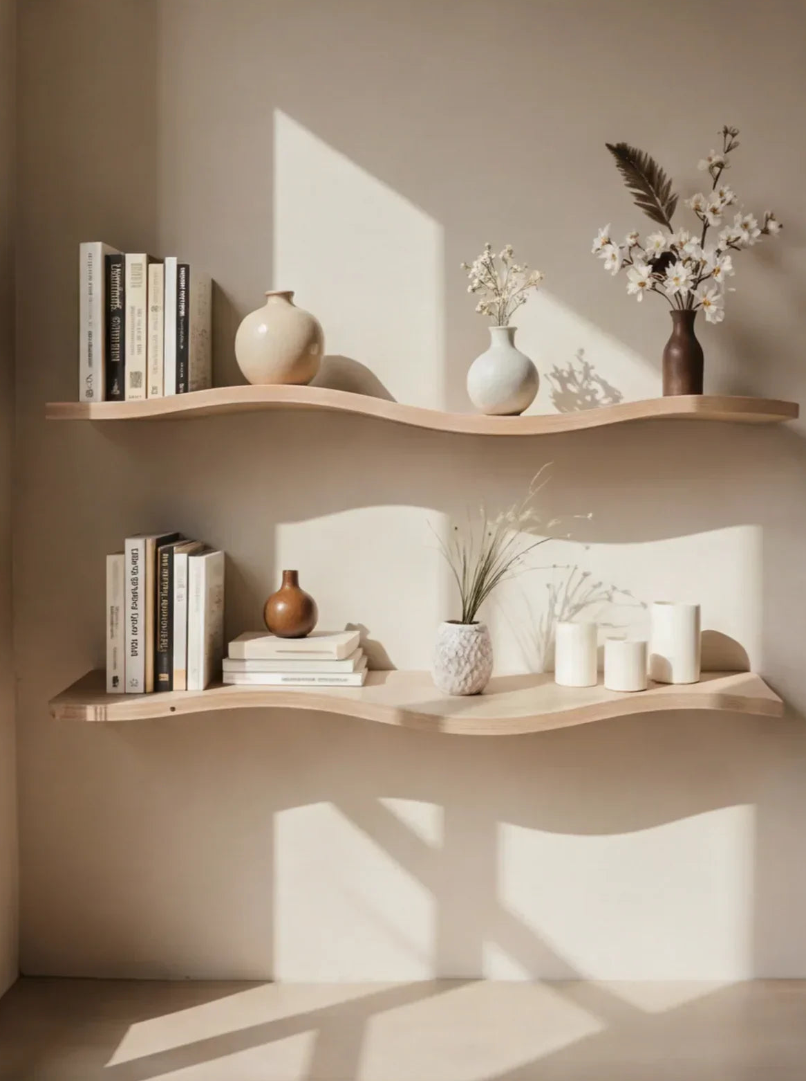 Modern live edge floating wood shelves with books, vases, flowers and candles in natural light.