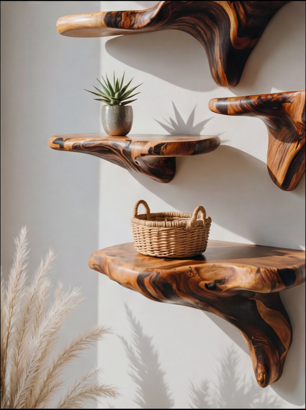 Solid wood live edge floating shelves with plant pot and woven basket, modern wall decor