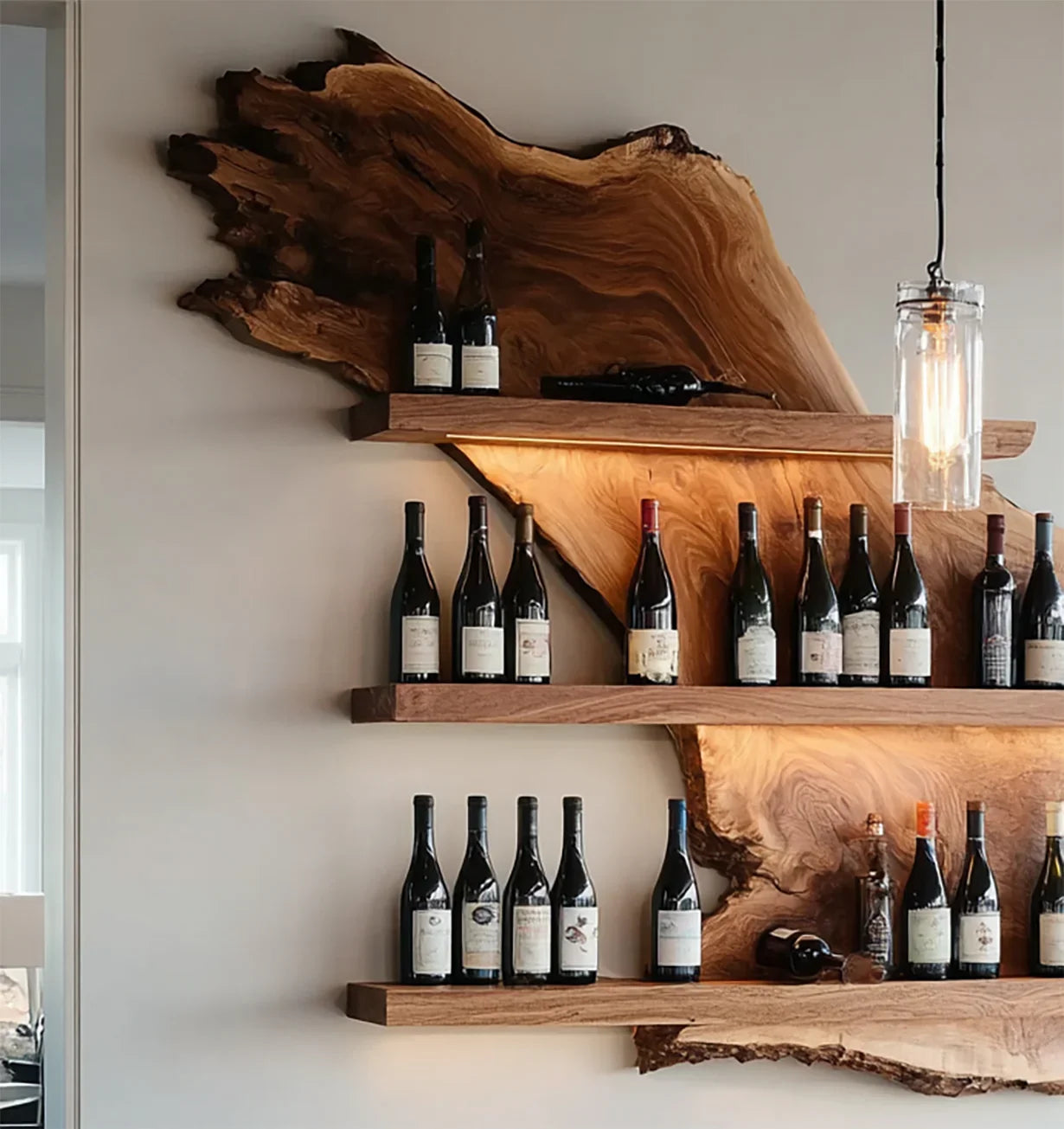 Wooden wall-mounted shelves with assorted wine bottles and ambient pendant light in modern interior