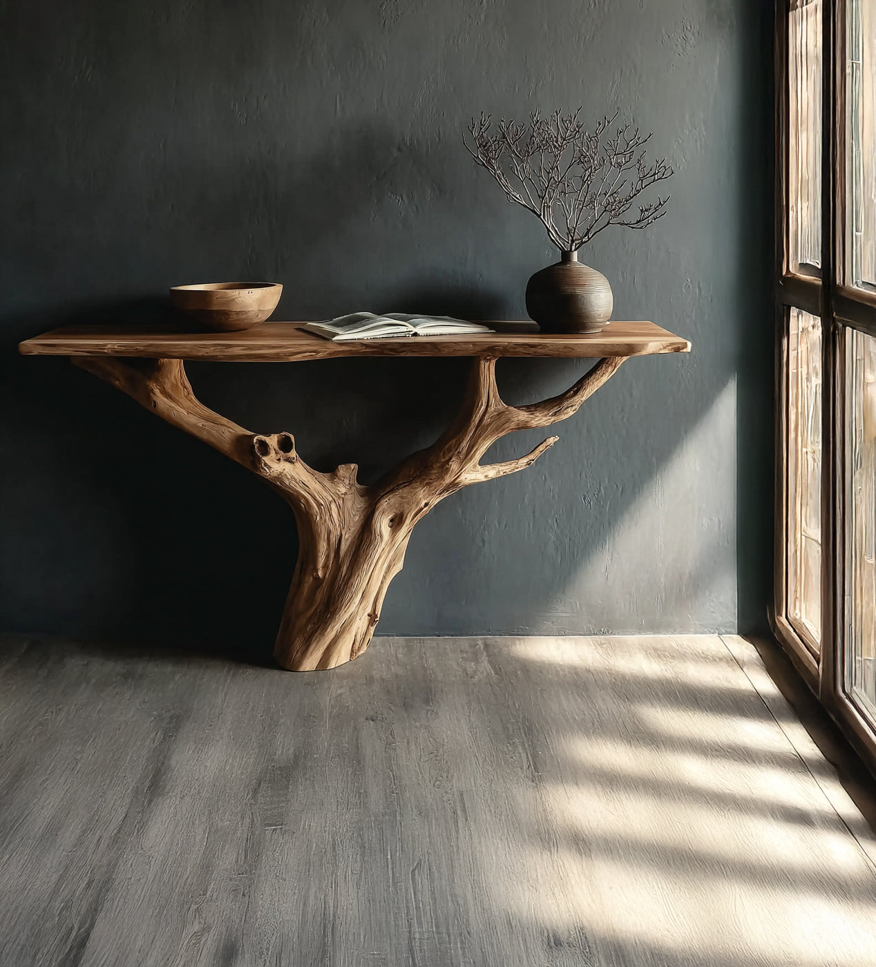 Rustic wooden console table with natural tree branch base, decorative bowl, open book, and vase near window