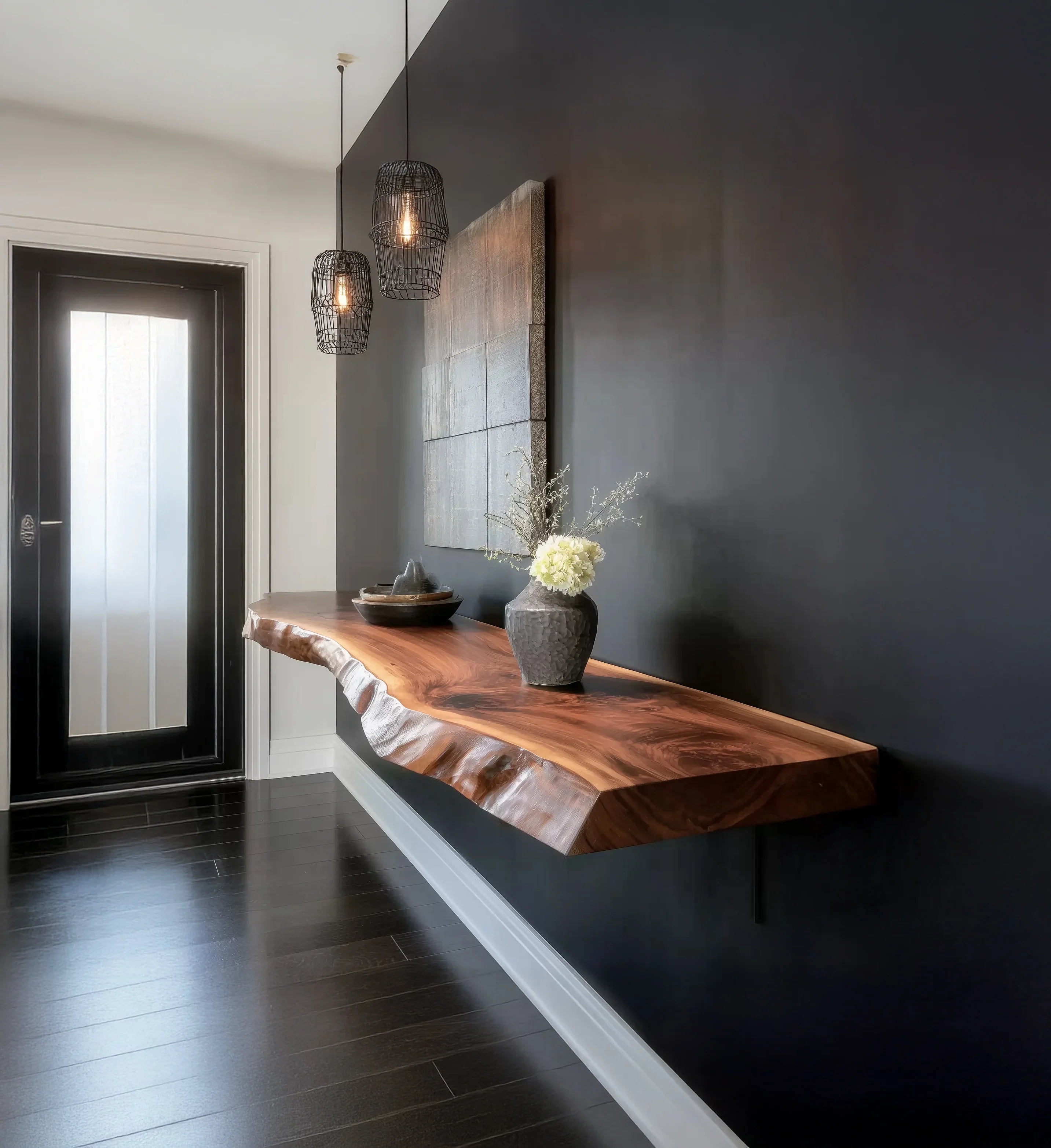 Modern entryway with floating live edge wooden console table, pendant lights, and dark wall