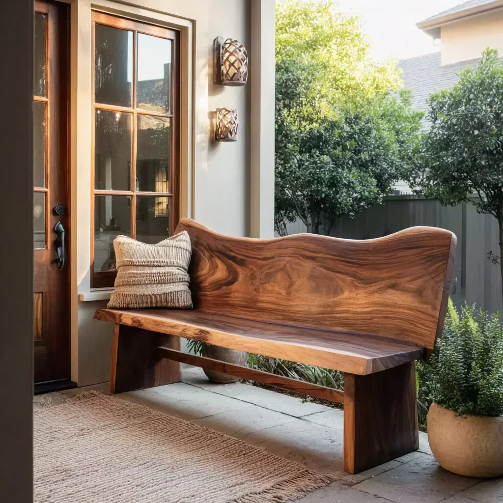 Live edge wooden bench with textured pillow on a patio near glass door and green plants