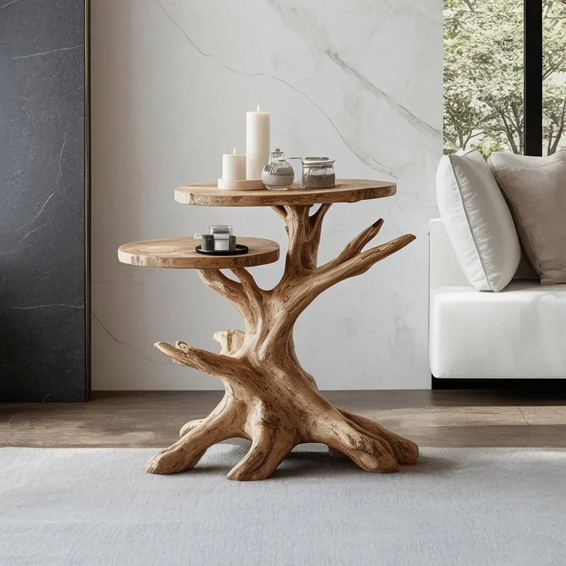 Live edge solid wood side table with tree branch design, holding candles, in modern living room.