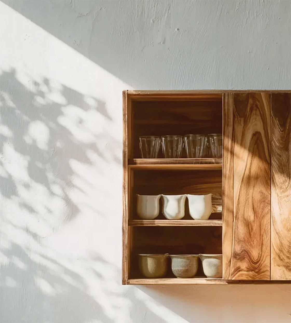 Solid wood floating shelf with glassware and ceramic cups, natural light and shadows on wall