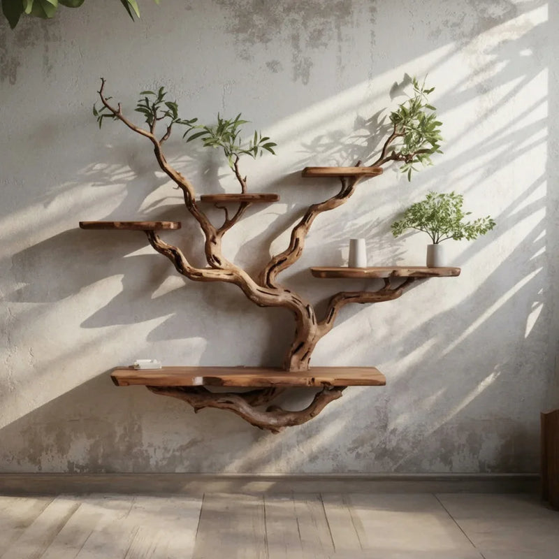 Wall-mounted wood shelves designed like tree branches with potted plants and a small book in natural light