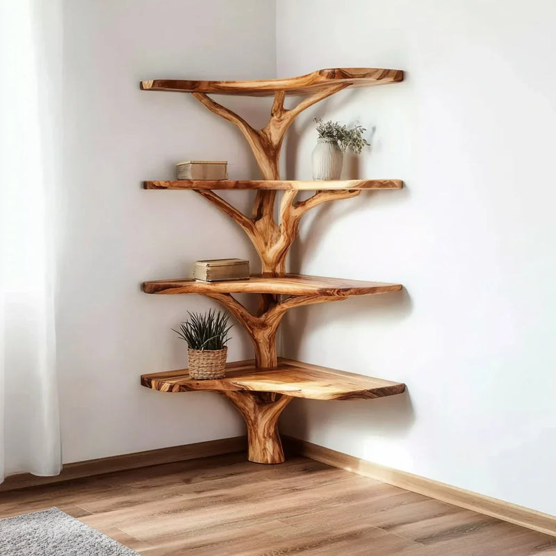 Solid wood tree bookshelf with live edge shelves in a corner, holding books and decor items.