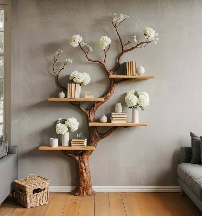 Tree-shaped bookshelf with solid wood shelves, books, and white flowers in vases against a gray wall.