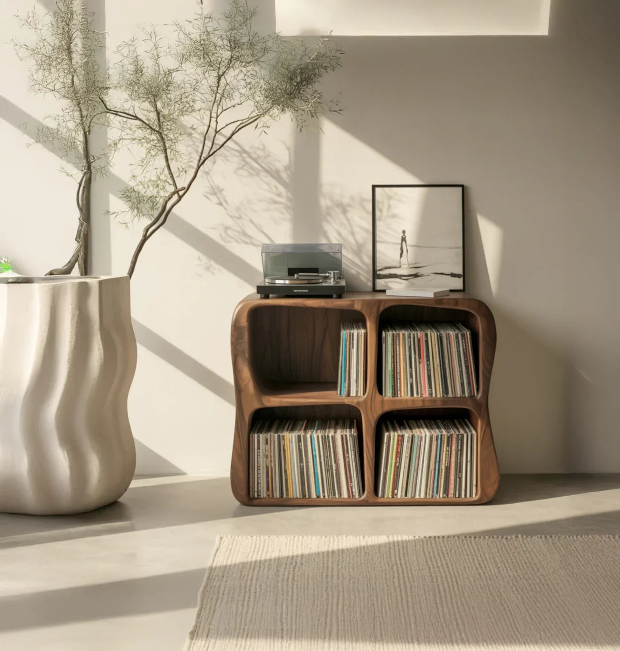 Solid wood vinyl record storage unit with turntable, modern decor and potted plant in sunlight
