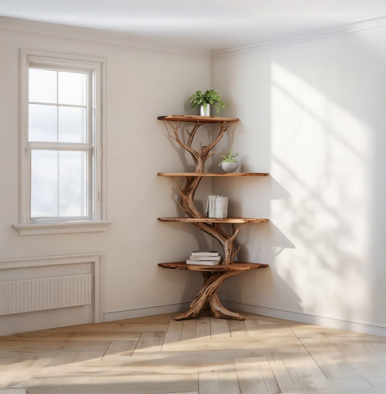 Tree Bookshelf Corner Wall Shelves – Solid Wood Driftwood Branch Décor
