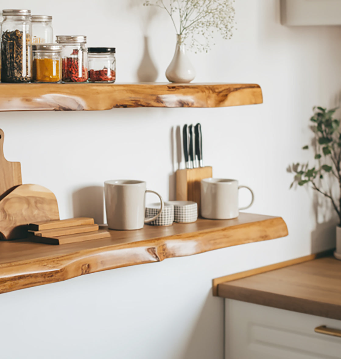 Live Edge Walnut Floating Kitchen Shelf – Solid Wood Wall-Mounted Storage