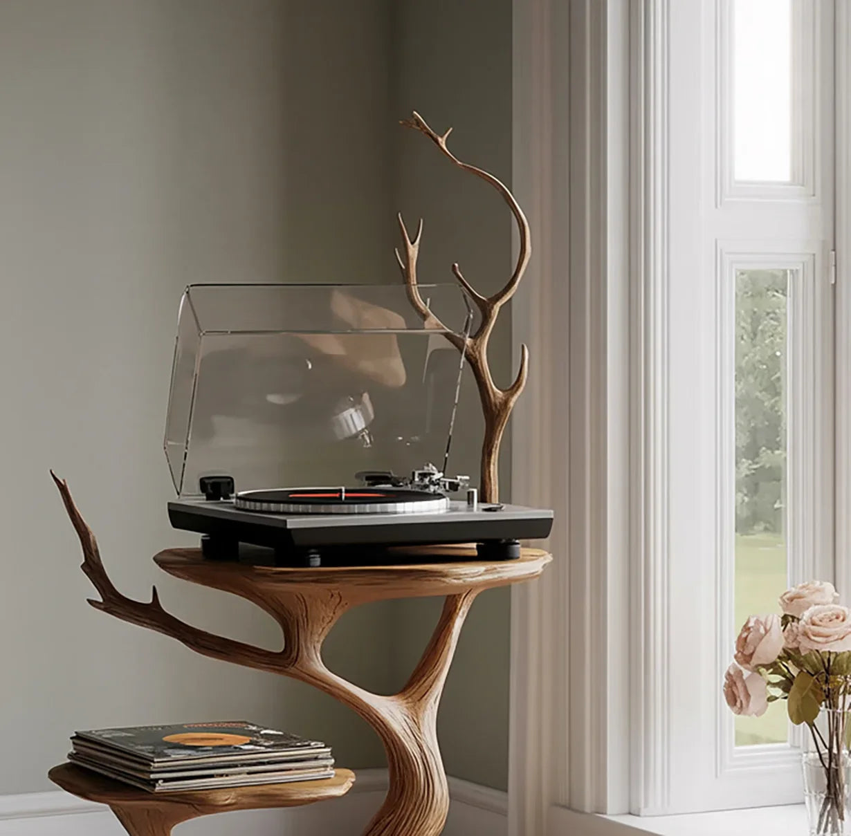 Sculpted tree branch wood side table holding a record player near a window, vinyl records stacked below.