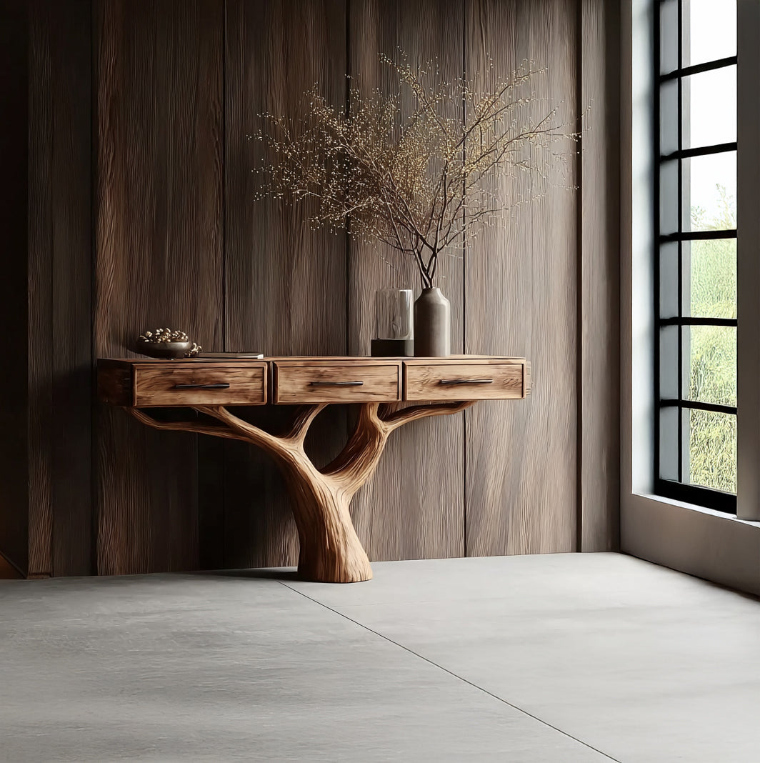 Handcrafted Natural Wood Console Table – Tree-Inspired Base for Luxury Entryway Décor