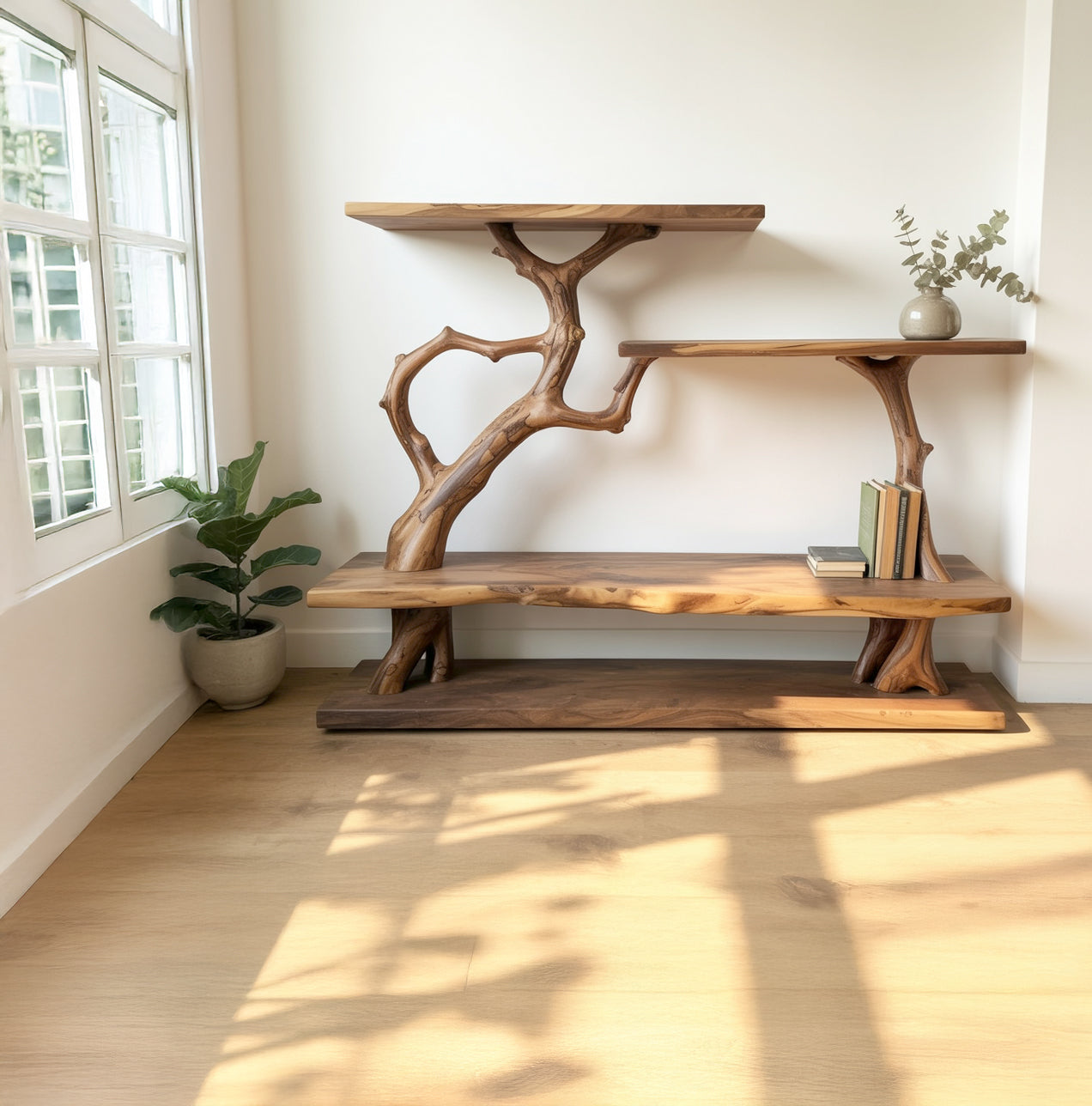 Unique wooden shelf with natural branch design in bright room, decorated with books and vase