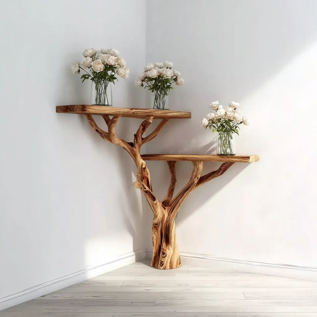 Live edge tree bookshelf in a corner, featuring natural wood shelves with vases of white flowers.
