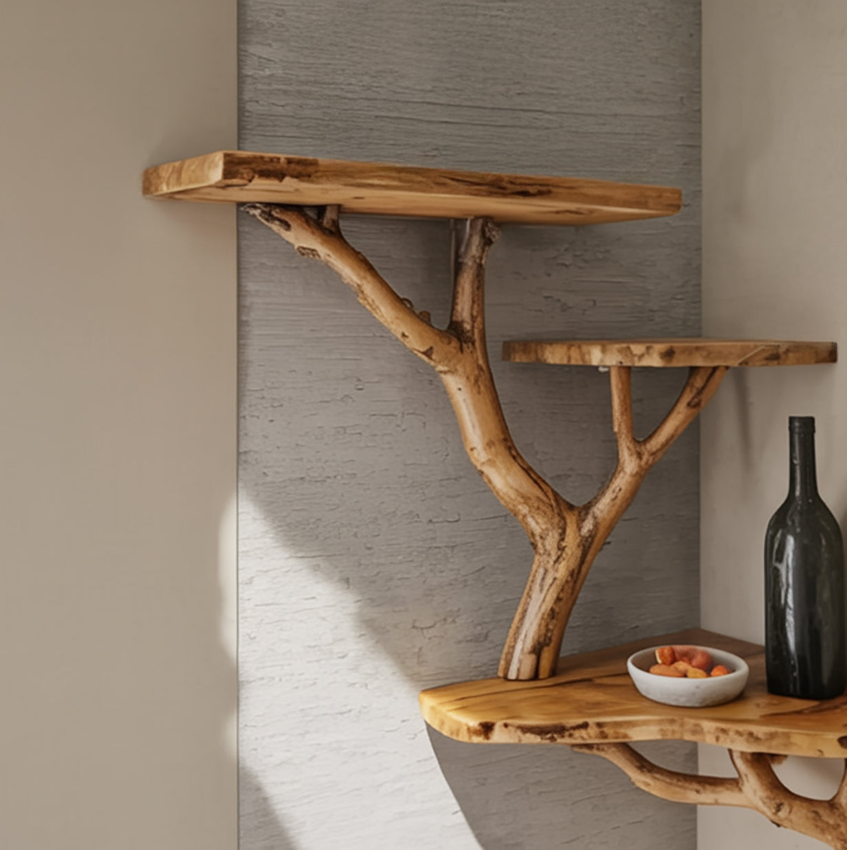 Rustic wooden wall shelves with natural branch supports, featuring a bowl of nuts and a black bottle