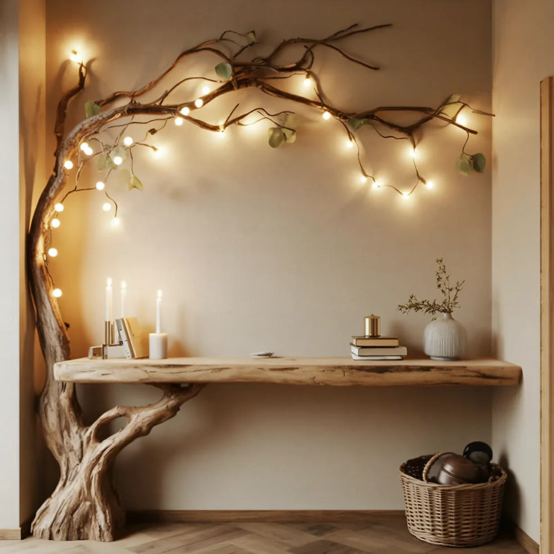 Live edge solid wood floating shelf with tree branch accents and string lights in modern interior