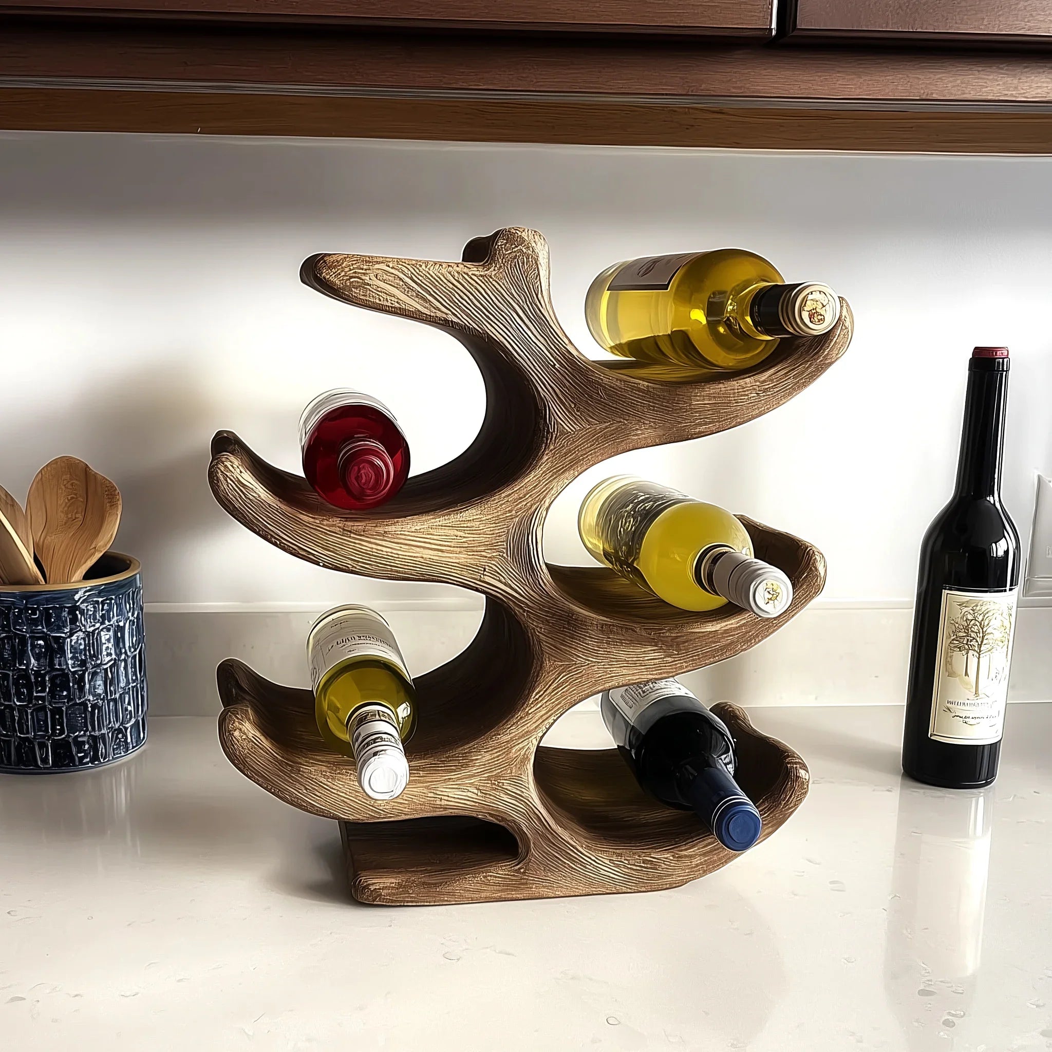 Live edge solid wood wine rack holding assorted wine bottles on a modern kitchen counter.