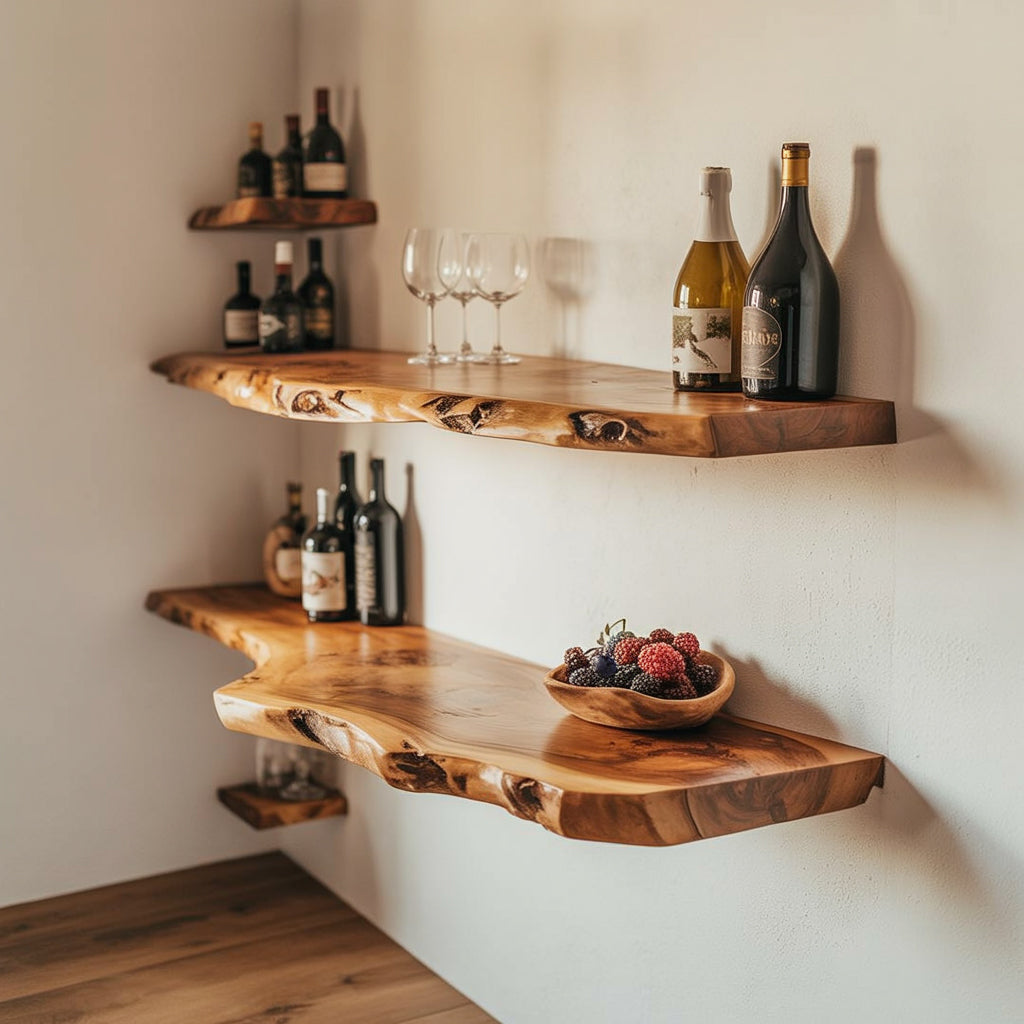 Live edge floating wood shelves displaying wine bottles, glasses, and a fruit bowl in a modern room
