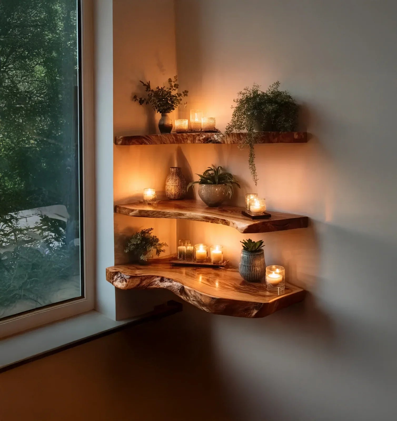 Corner wall with three rustic wooden floating shelves decorated with plants and lit candles