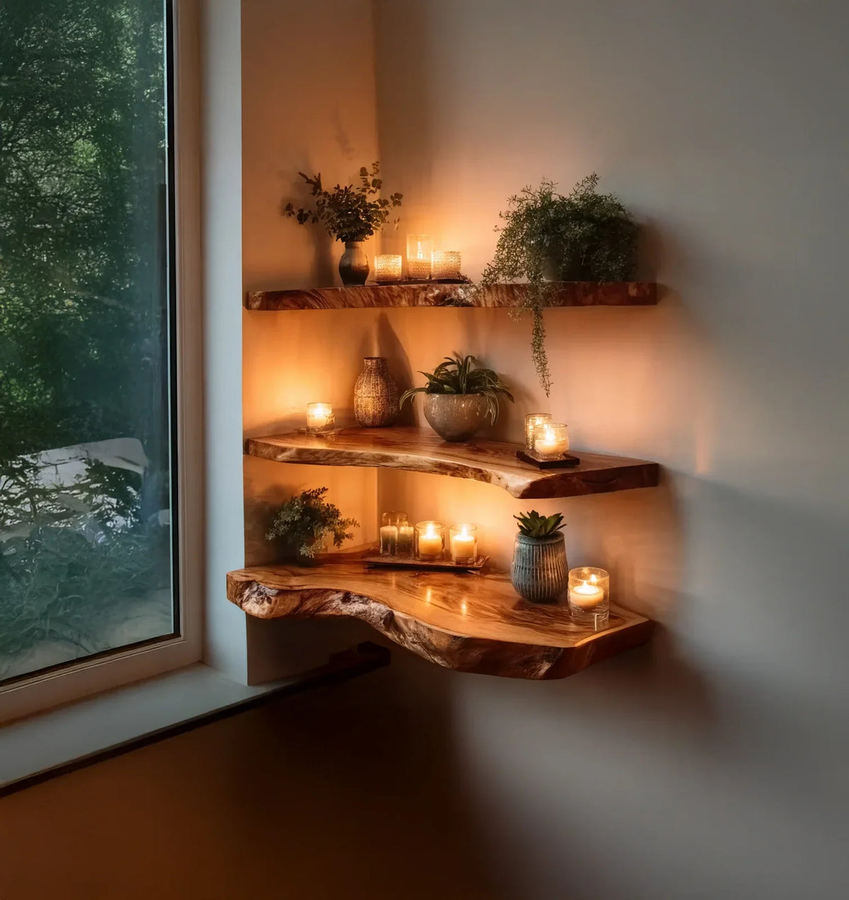 Corner wall with three rustic wooden floating shelves decorated with plants and lit candles