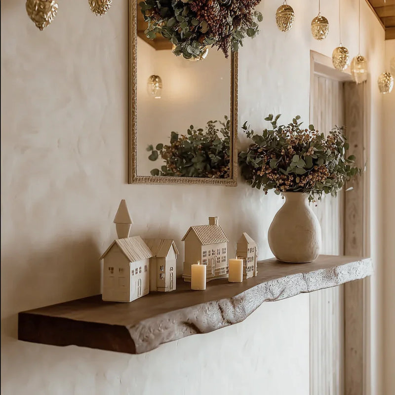 Rustic wooden shelf with miniature ceramic houses, lit candles, vase with eucalyptus, wall mirror, and hanging leaf lights