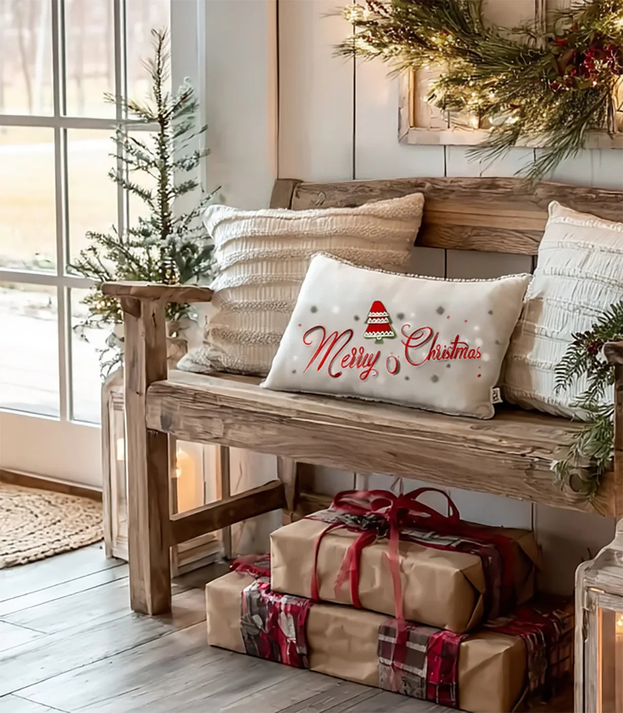 Rustic wooden bench with Christmas pillows, small tree, wrapped gifts, and festive wreath