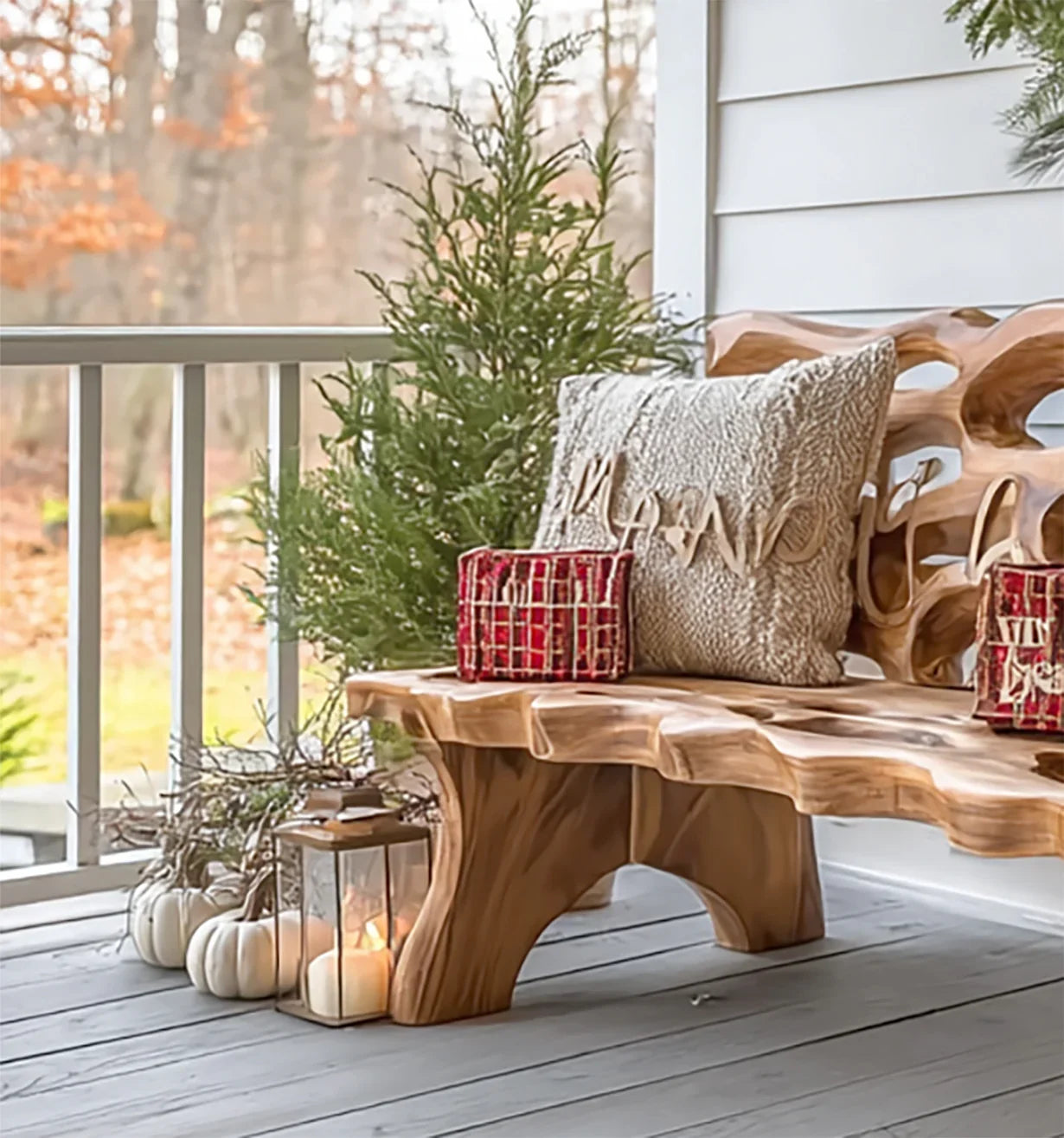 Wooden porch bench with cozy knit pillow, red plaid decorations, white pumpkins, and candle lantern