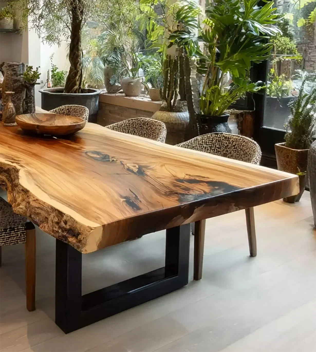 Live edge wood dining table with black metal legs in indoor garden room with plants