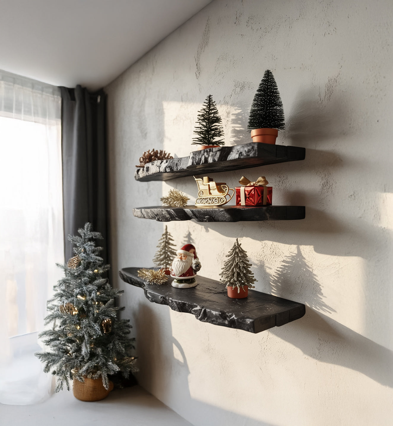 Wooden wall shelves decorated with mini Christmas trees, Santa figurine, sleigh, gift box, and golden ornaments near a window