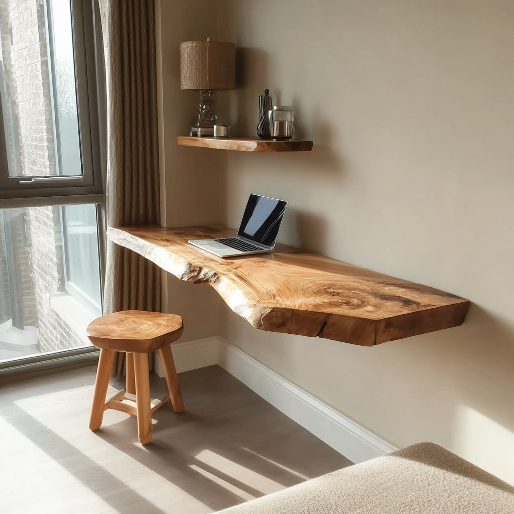 Handcrafted Floating Live Edge Wooden Desk ā Solid Wood Wall-Mounted Home Office Desk