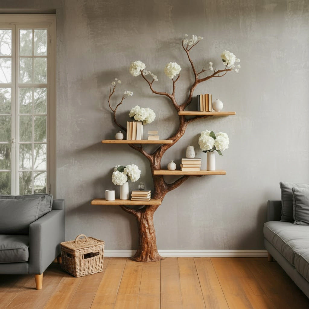 Tree bookshelf with wooden floating shelves decorated with books and white flowers in a modern living room