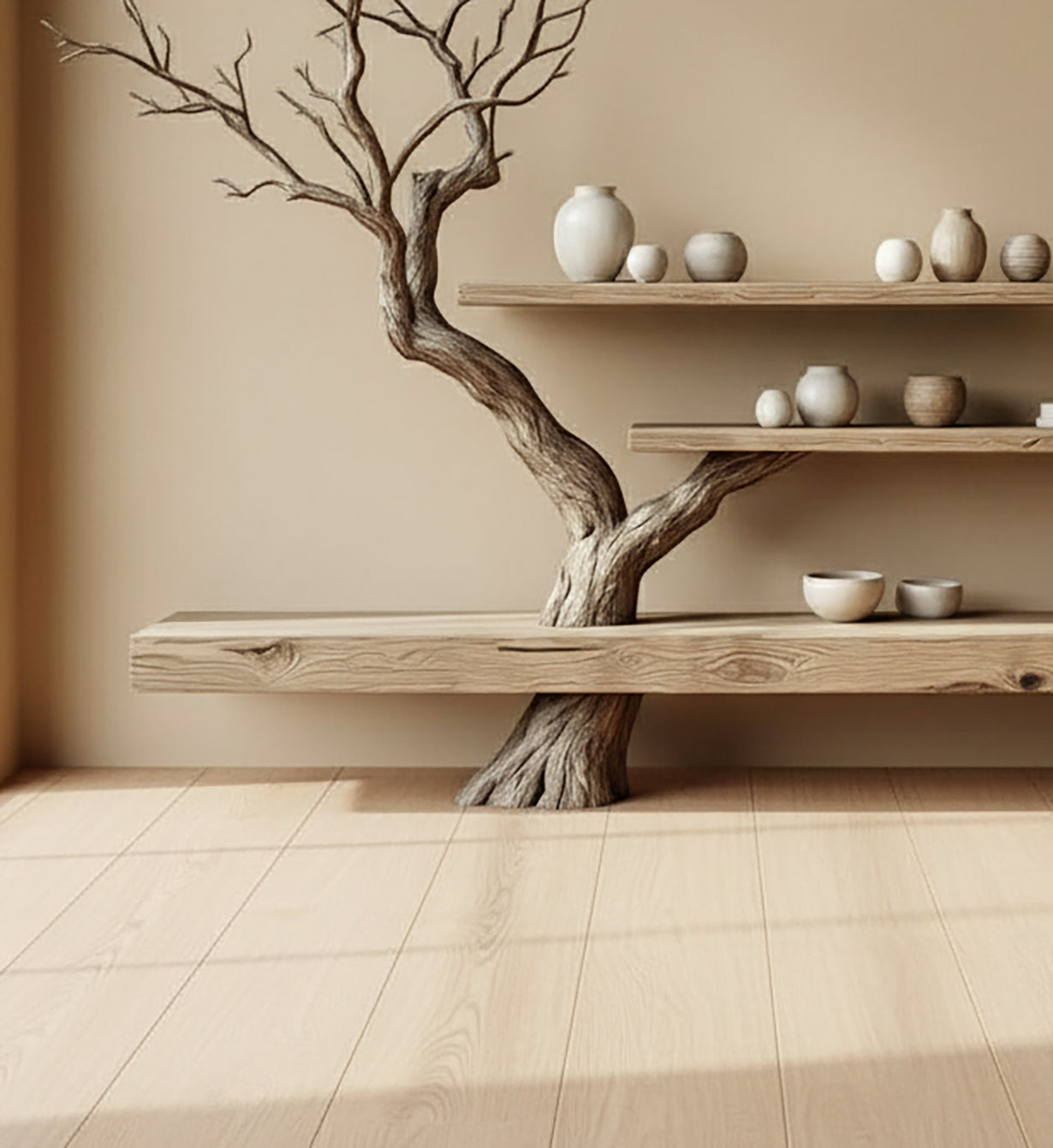 Minimalist wooden shelves integrated with a dry tree trunk and pottery against beige wall