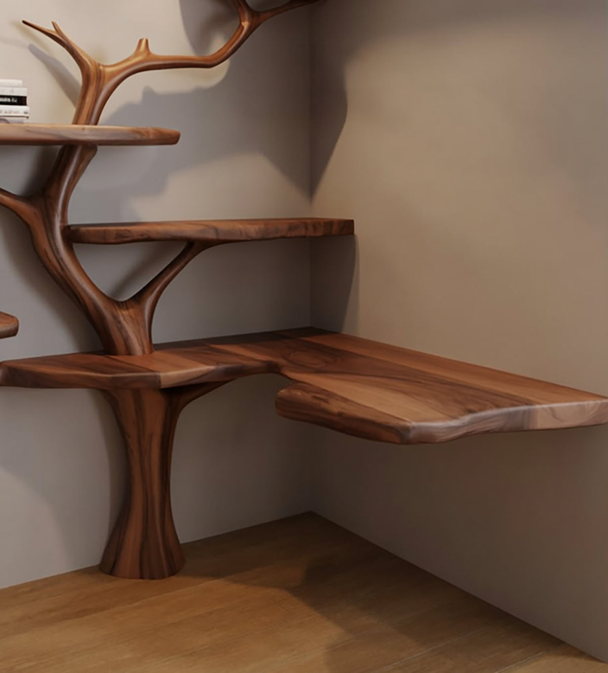 Modern corner wooden desk and shelves with natural branch design in minimalist room