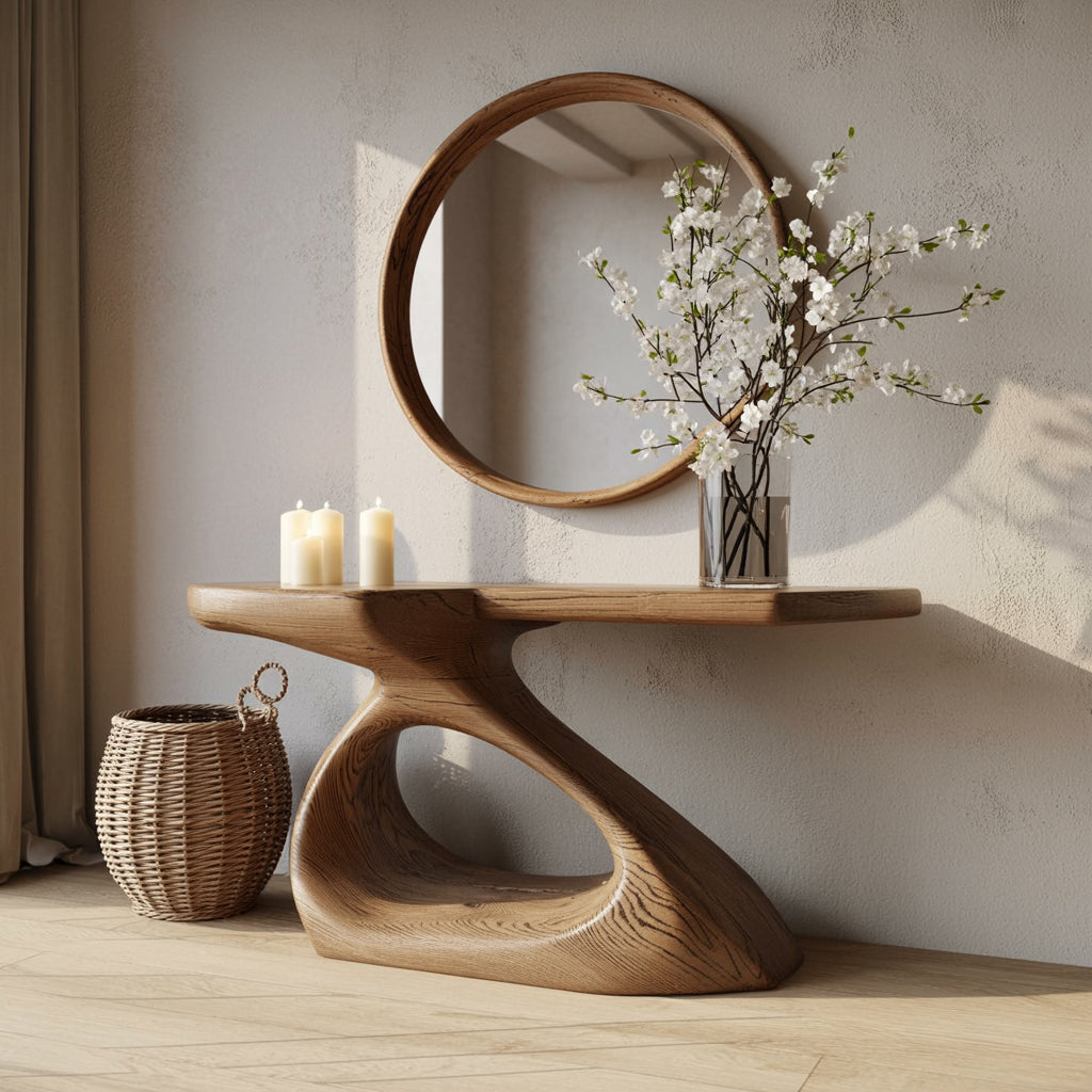Modern wooden console table with round mirror, white flowers in glass vase, candles, and wicker basket
