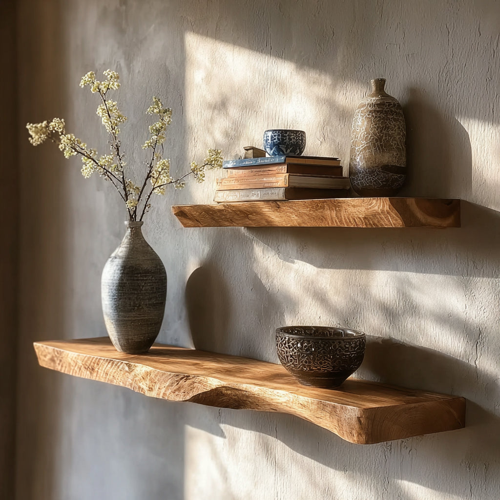 Sunlit rustic wooden shelves with ceramic vases, flower branches, books, and decorative bowl on textured wall