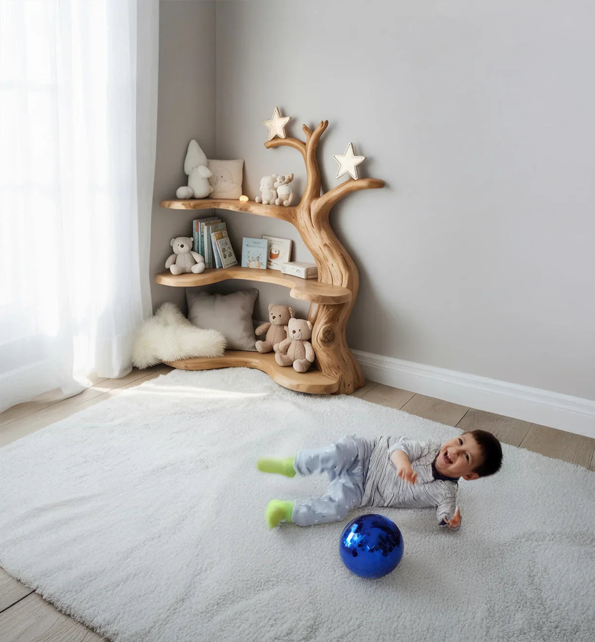 Toddler lying on white carpet next to blue ball in cozy room with wooden tree-shaped shelf