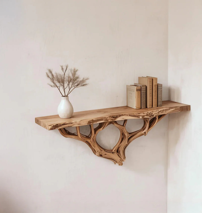 Live edge solid wood floating shelf with organic sculpted support, vase, and books