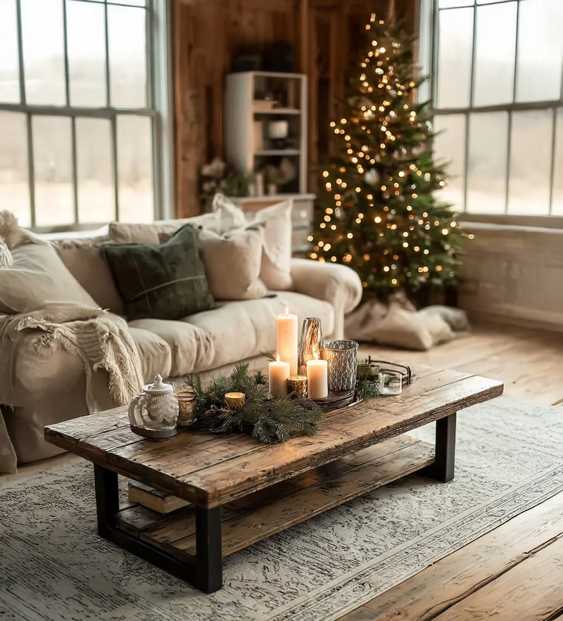 Cozy living room with rustic wooden coffee table, lit candles, and decorated Christmas tree
